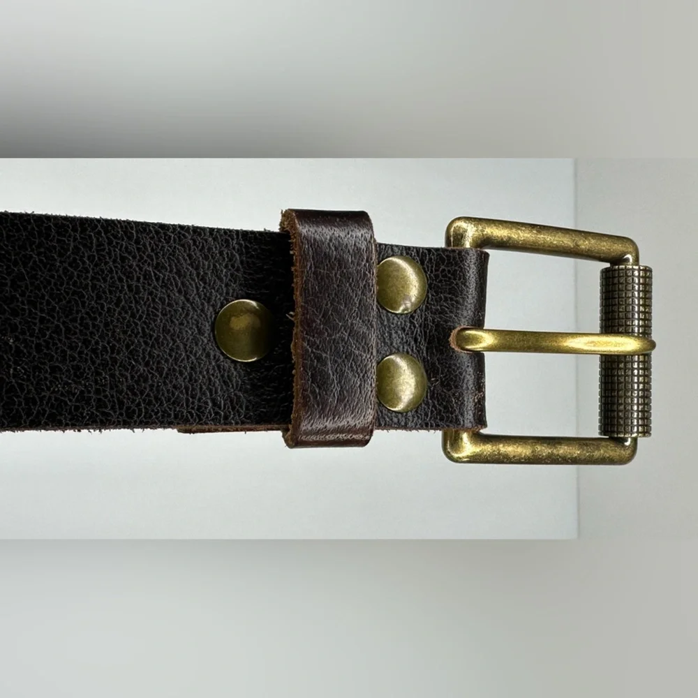 Brown Leather Belt Brass Buckle Unisex‎ Sz M